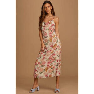 Lulus Sweet Invitation Beige Floral Print Cowl Neck Midi Dress - Size S